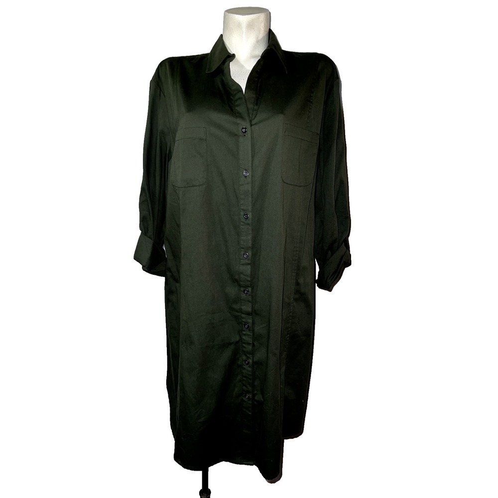 New York & Company Olive Green Button Down Roll Tab Shirt Dress XXL NWT